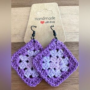 Handmade Purple Crochet Earrings, Lightweight, Cotton Thread, Granny Square